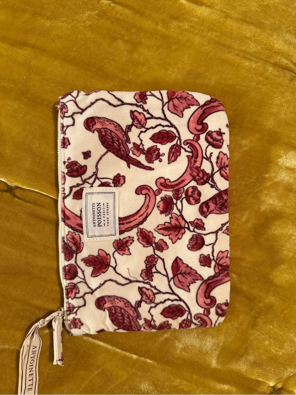 Sezane x Antoinette poisson Cream Pouch with Pink Floral & Bird Print NWOT